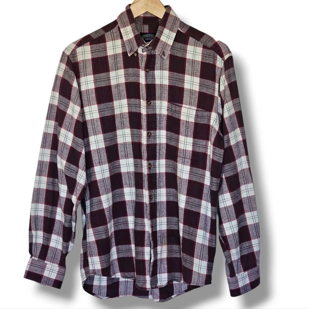 Vintage Cambridge Flannel Shirt Red Cream Plaid Button Down Mens Size M Cotton